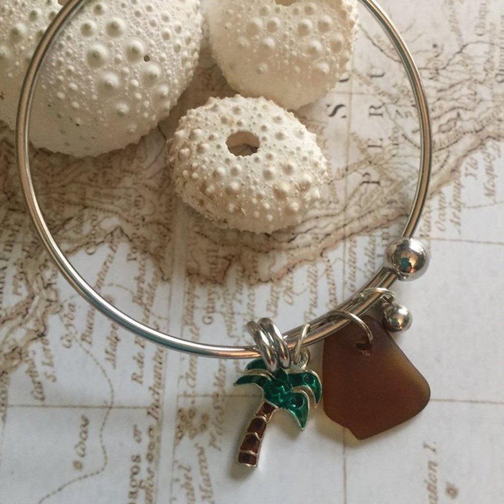 Genuine Brown Seagrass Bangle with Palm Tree Charm